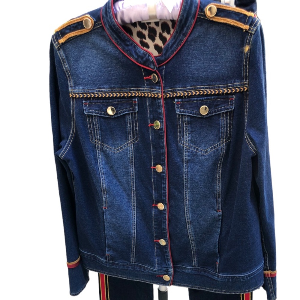 Chico’s size 10-12 denim military jacket stretch gold detail oversized - Picture 8 of 14